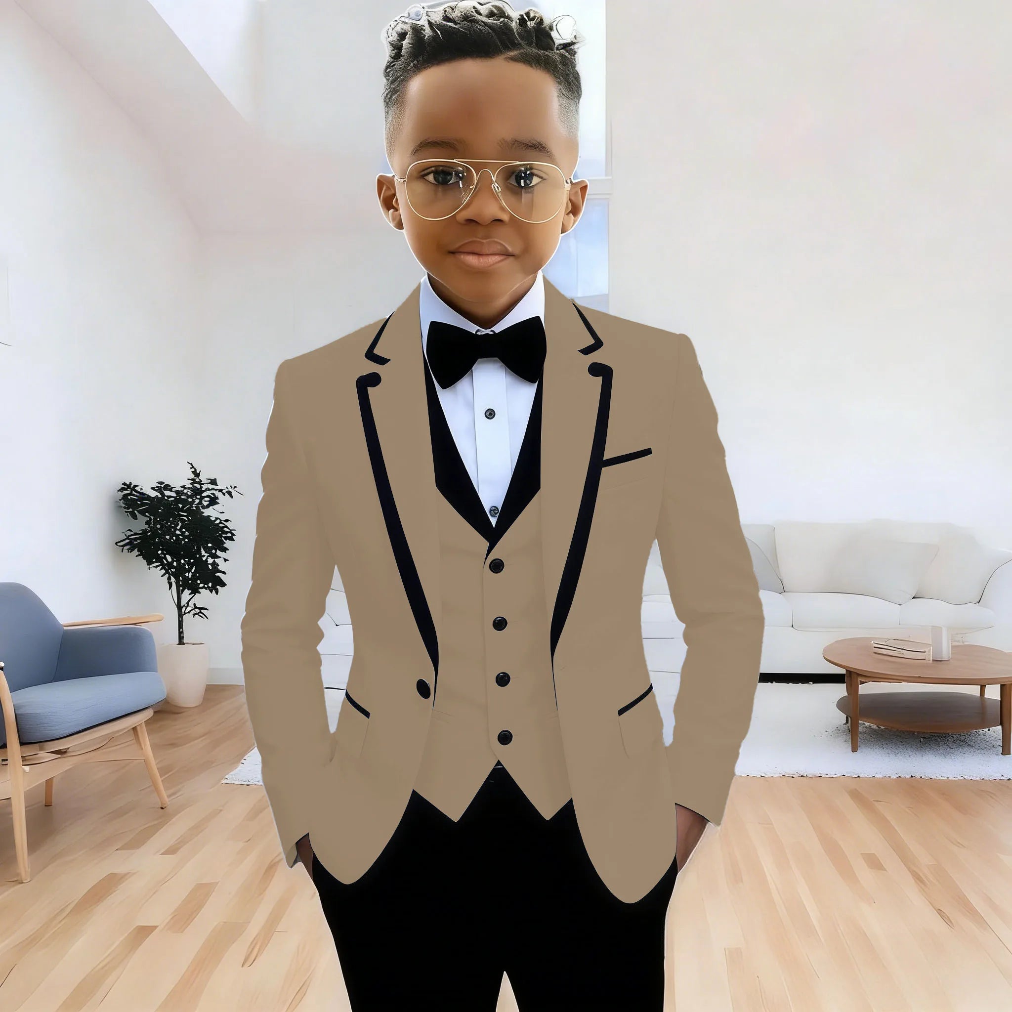 Showlu Smart General boys' formal suit with jacket, pants, and vest featuring notched lapel, suitable for weddings and parties.