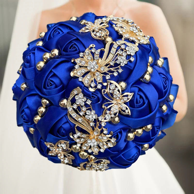 Navy silk rose wedding bouquet with artificial flowers, approximately 20cm, featuring elegant silk roses and greenery.