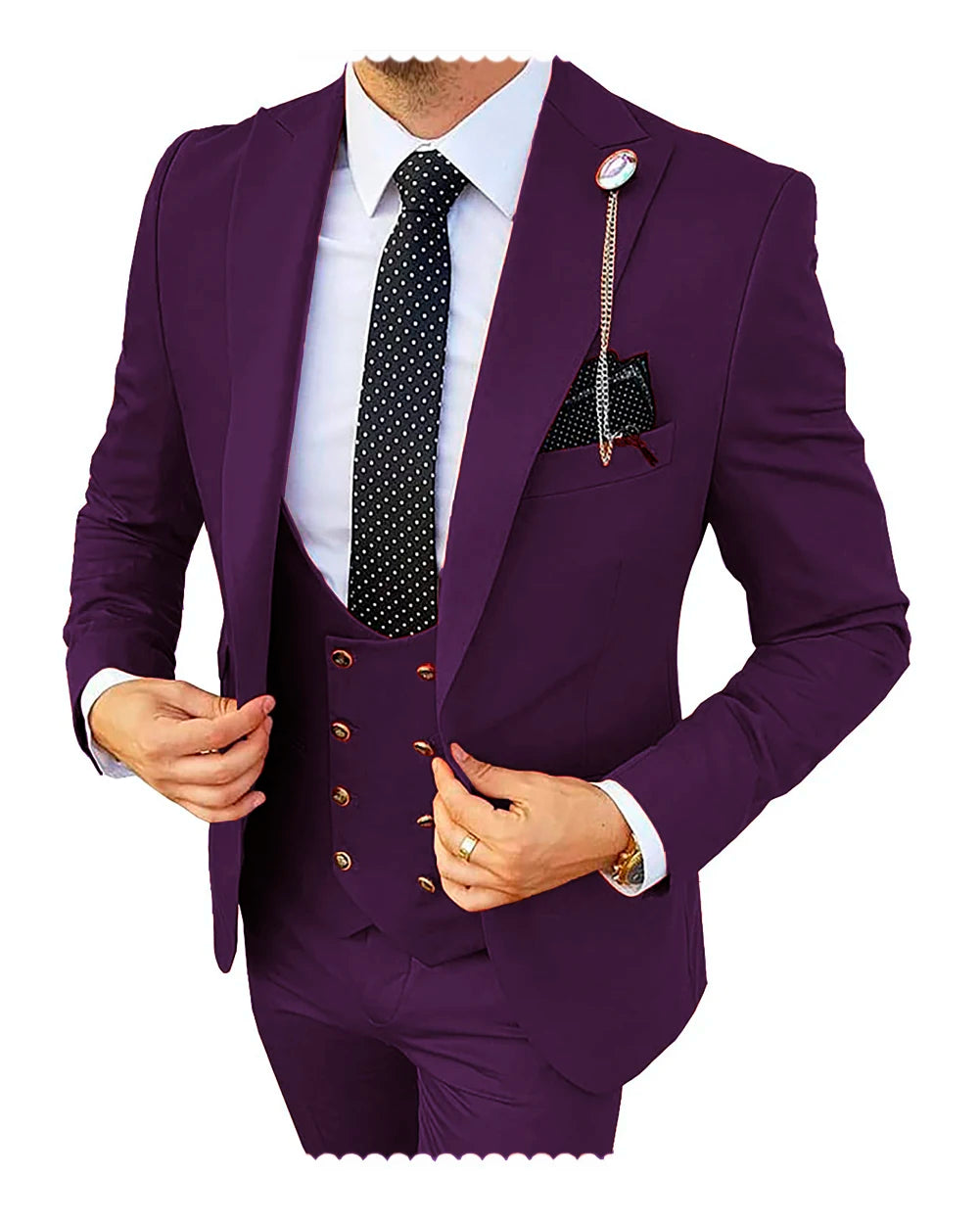 Formal men's 3-piece wedding suit by Showlu Fashion, includes champagne blazer, pants, and vest for groom or business occasions.