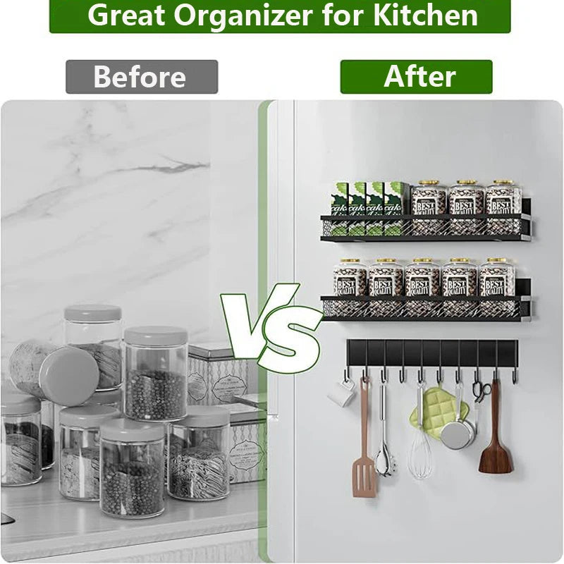 Showlu Smart General magnetic fridge organizer shelf attached to a fridge door, holding bottles and small kitchen items.