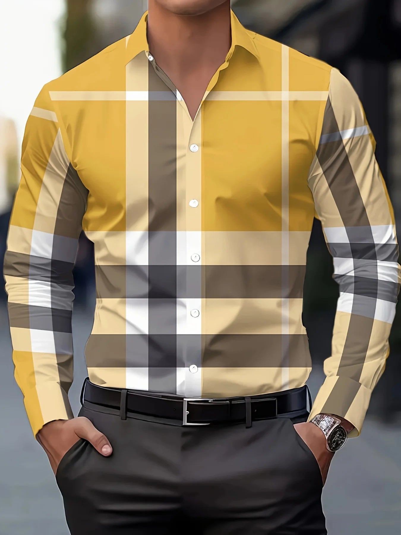 Men's checked long-sleeved button-up shirt by Showlu Fashion with a high-end striped design, casual fit, and fashionable style.