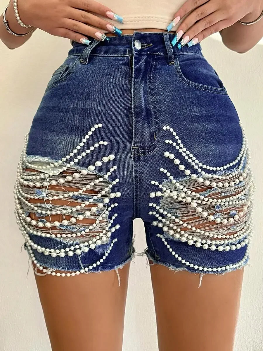 Kalenmos women's high waist ripped denim shorts with pearl chain detail, stylish summer casual shorts, SHOWLU FASHION STORE