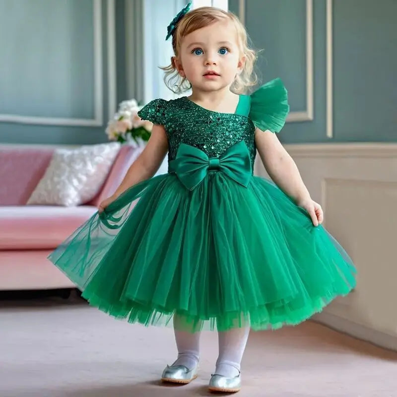 Toddler girl wearing a SHOWLU FASHION STORE sequin lace princess dress for birthday or baptism celebration.