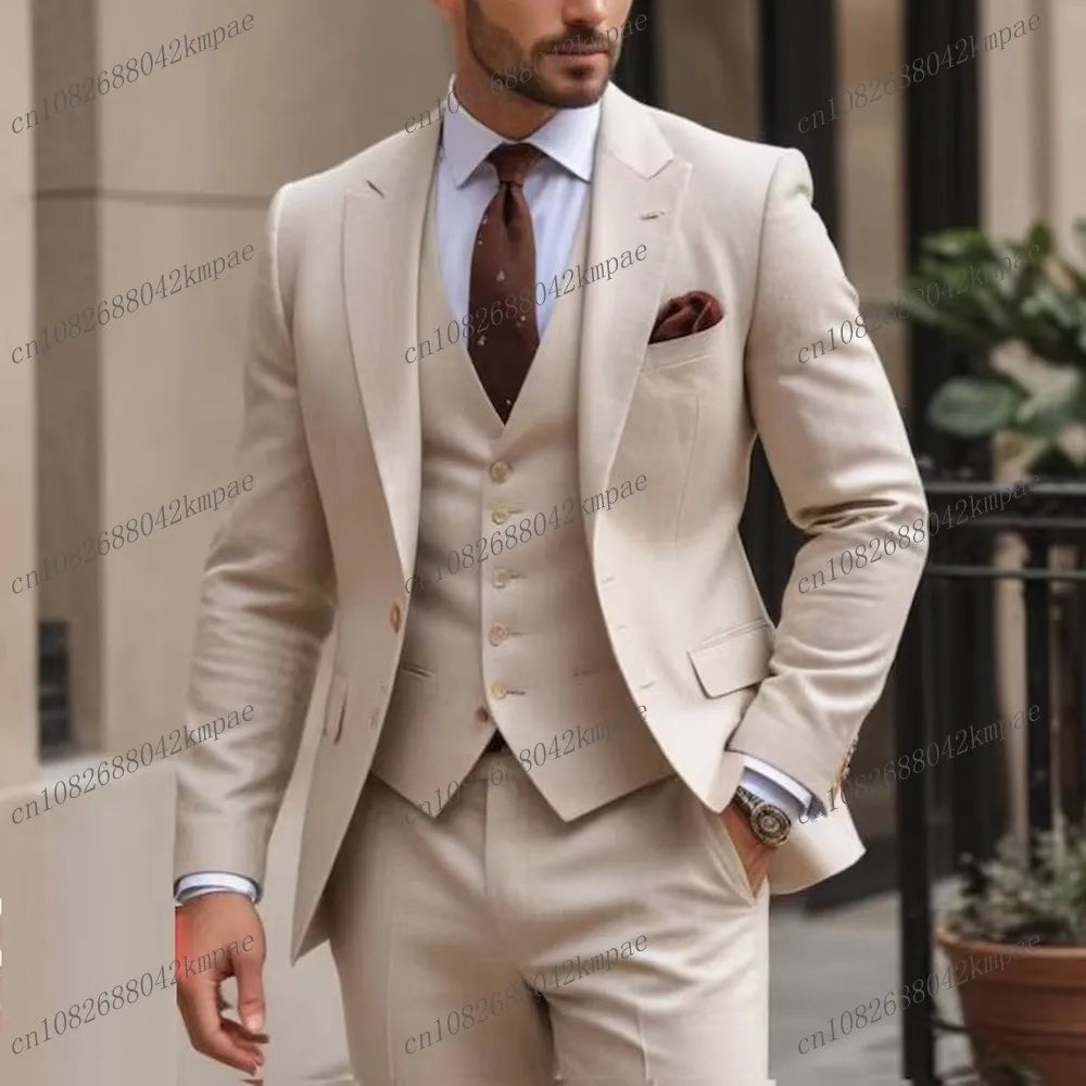Orange men's formal suit by Showlu Fashion, 3-piece tuxedo set with blazer, vest, and pants for wedding or special occasions.