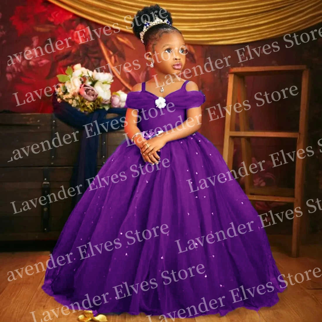 Princess Royal Blue Flower Girl Dress with tulle skirt and floral details, custom pageant wear by 1170uf-he.