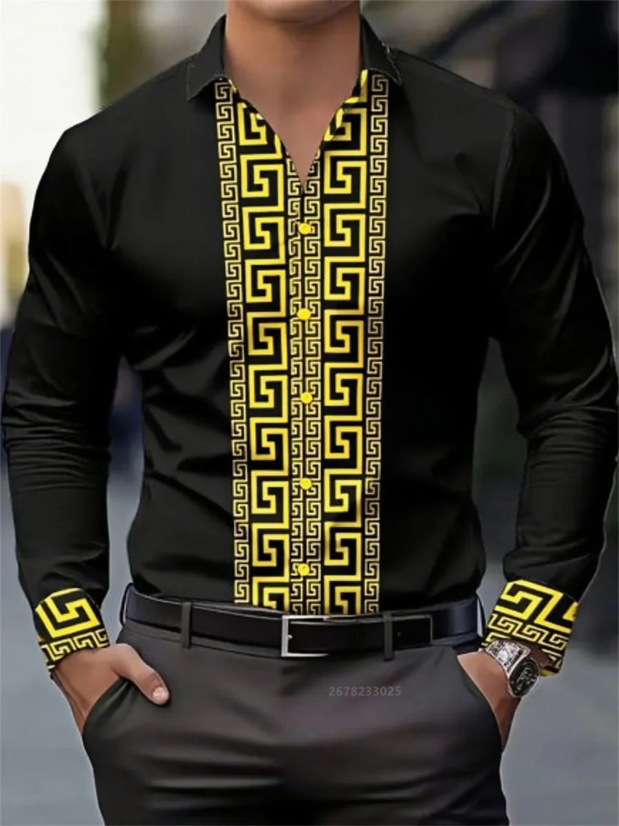 Men's long-sleeved patterned shirt with lapel buttons, casual and comfortable men's top by Showlu Fashion Store.