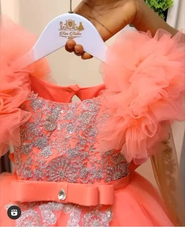 Peach pink lace appliqued baby girl birthday party gown with tulle skirt and floral details, from 1170uf-he.