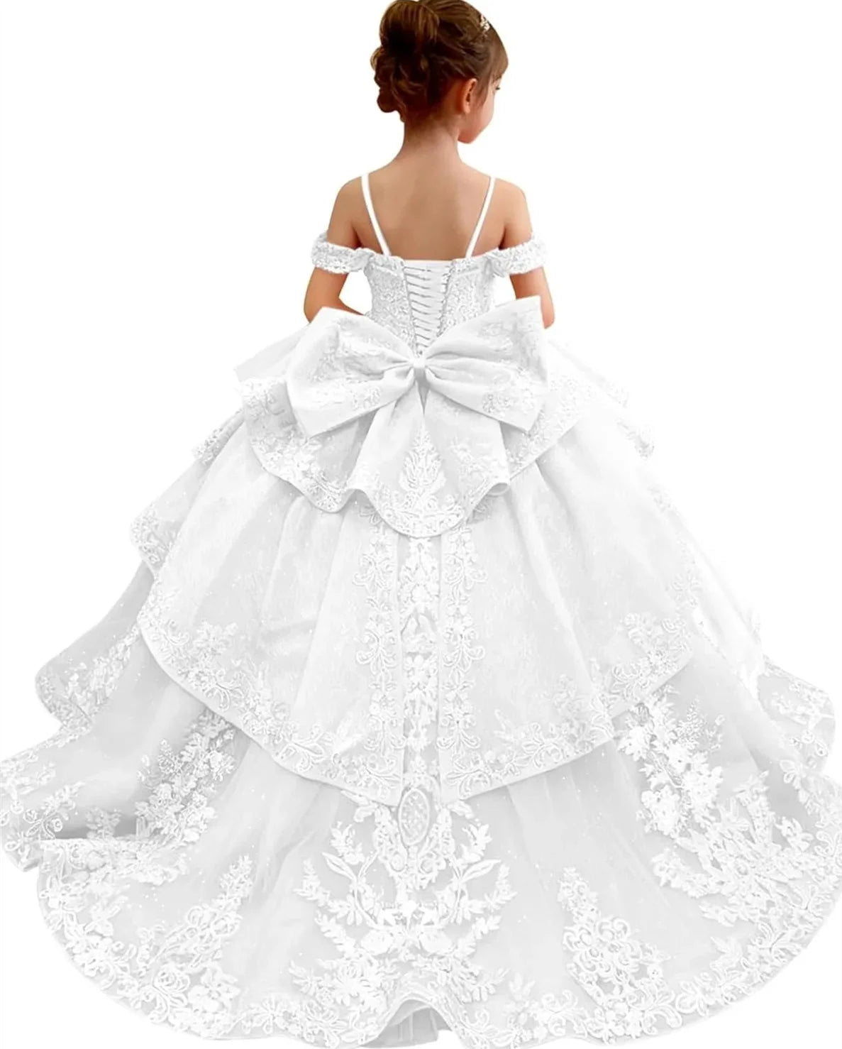Pink flower girl dress by Showlu Fashion with bowknot, appliques, short sleeves, and floor length for wedding and special occasions.