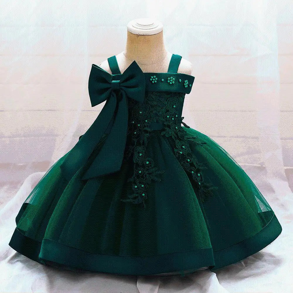 Lansihuote girls' bow embroidery ball gown, elegant wedding party dress with floral embroidery and satin bow, suitable for special occasions