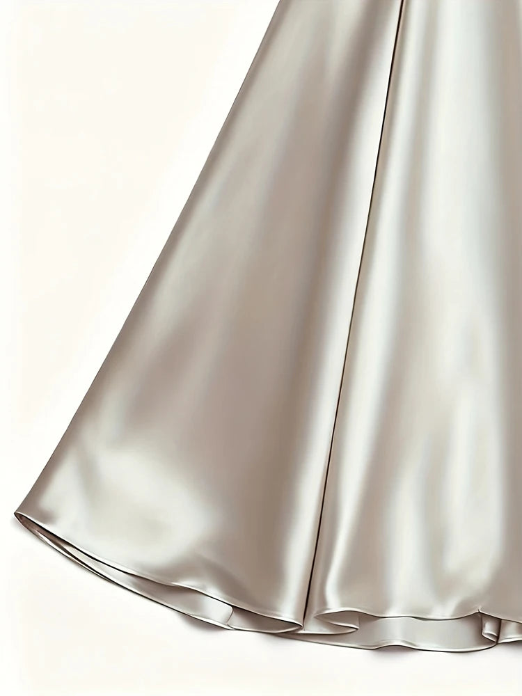Showlu V-neck long-sleeved evening gown in French A-line style, floor-length dress with elegant fabric and flowing silhouette.