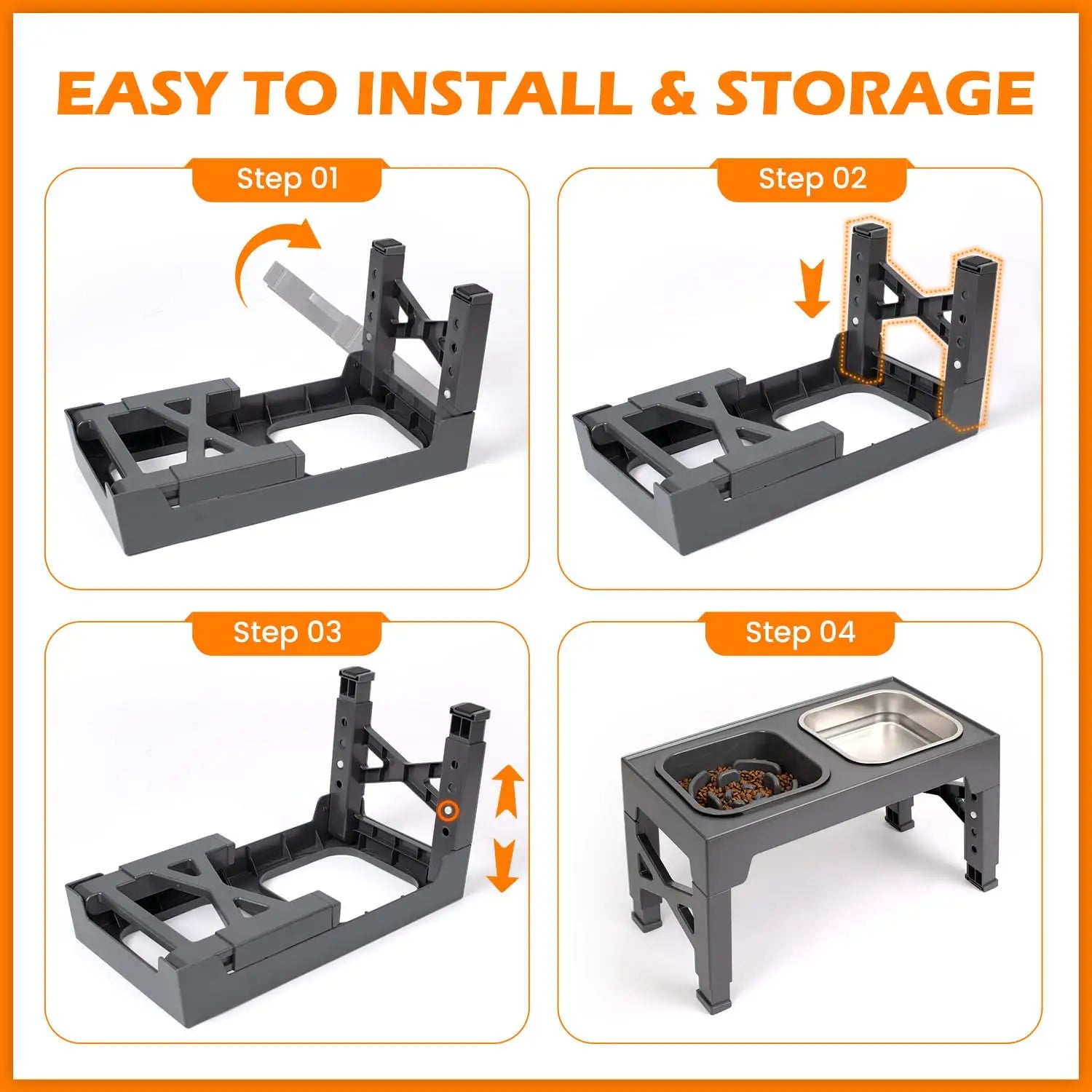 Elevated 2-in-1 stainless steel and plastic dog bowls with foldable stand, non-slip base for food and water.