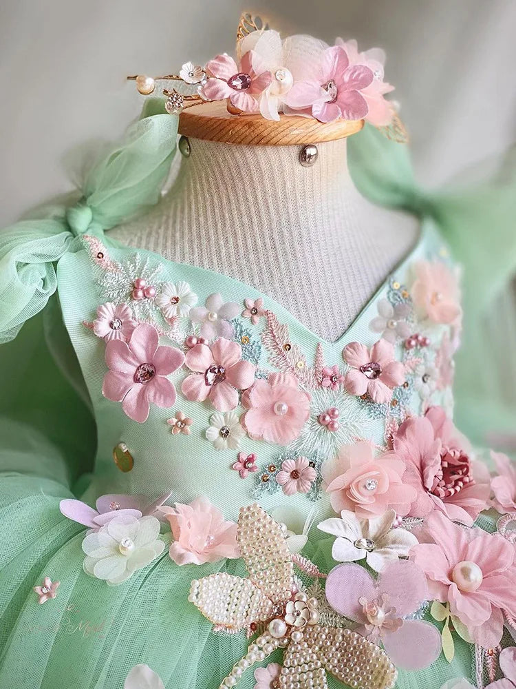 Cute girl dress with embroidery, large bow, and puff skirt, perfect for flower girl weddings and special occasions.