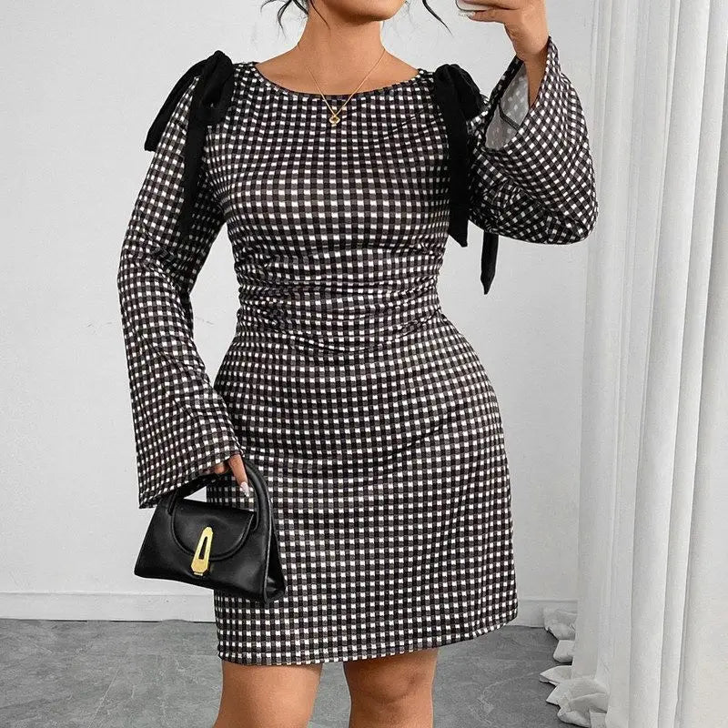 Showlu Fashion plaid long sleeve linen dress with a slim fit and flared gown design, featuring a stylish and comfortable look.
