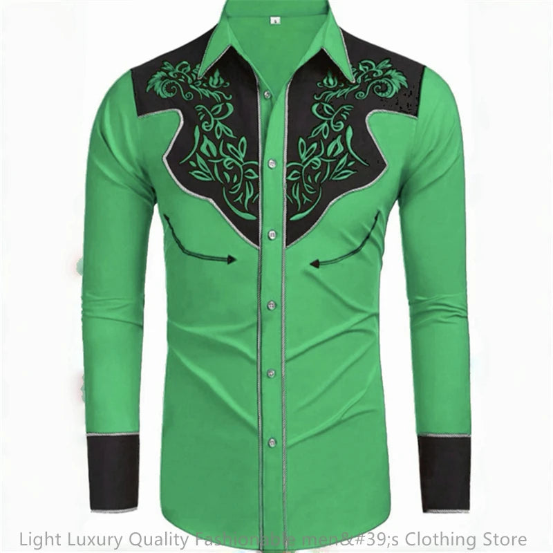 Men's long-sleeved denim shirt from Showlu Fashion Store featuring retro western style, loose fit, soft fabric, and vibrant 20 colors.