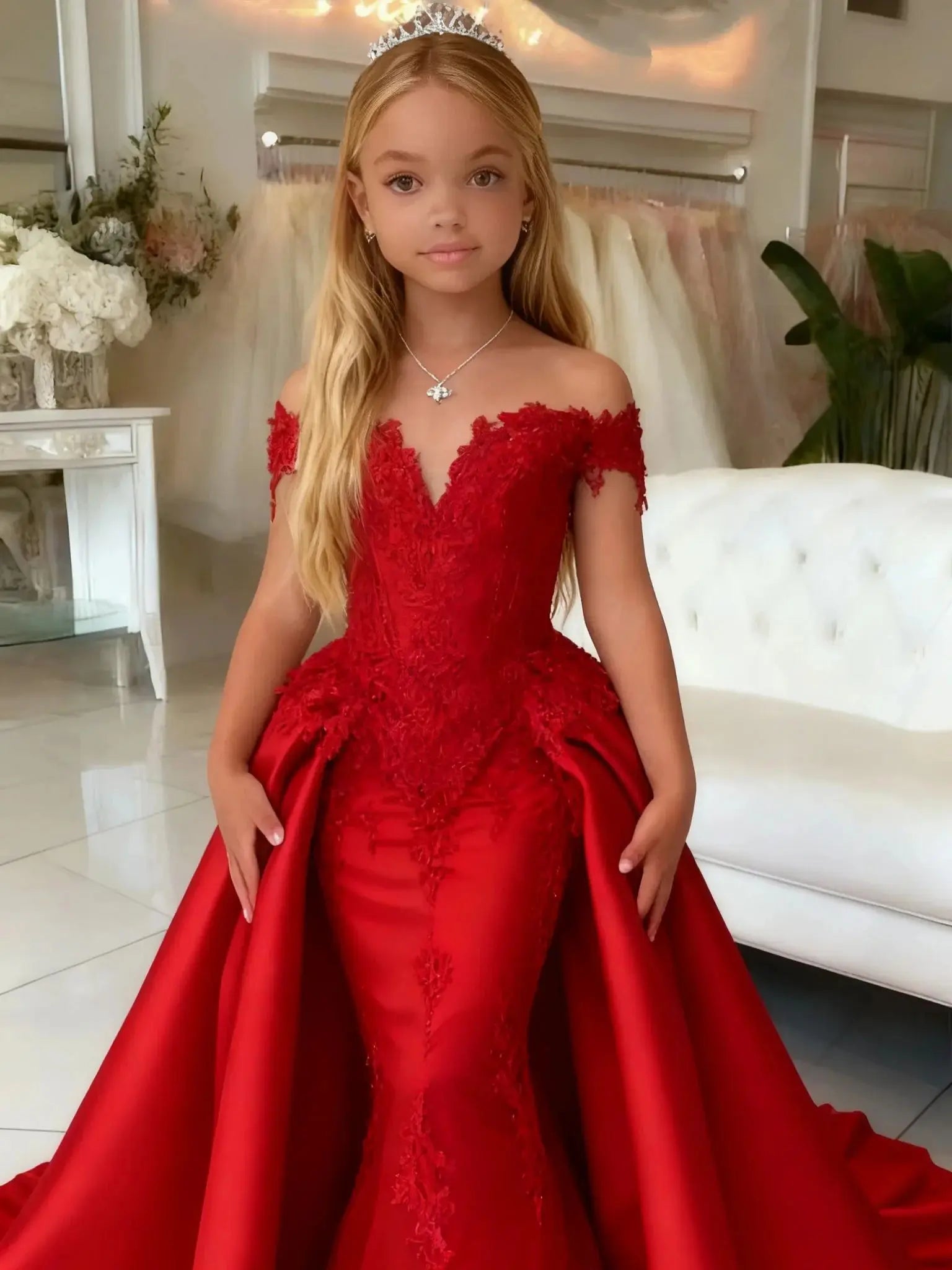 Showlu Fashion flower girl dress with off-shoulder mermaid style, floor-length gown for wedding, birthday, or communion.