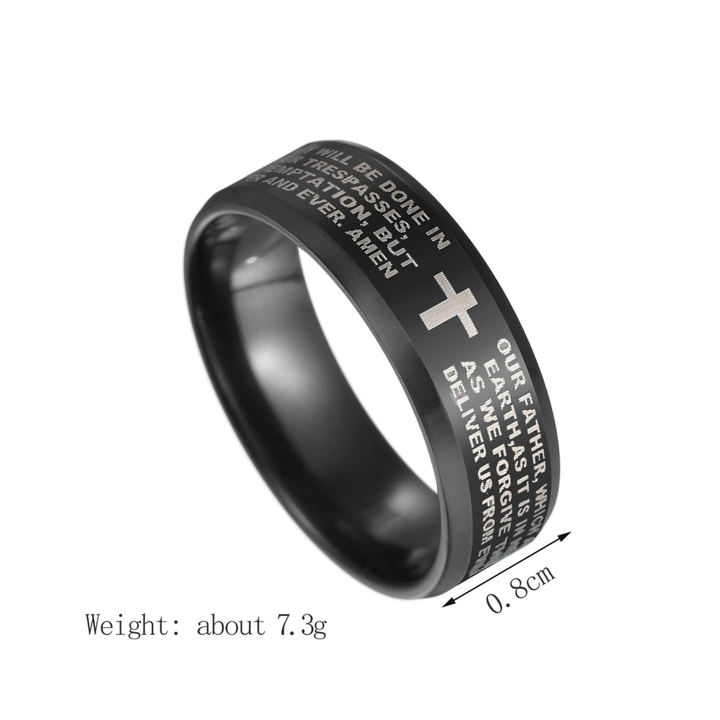 Utag men's black stainless steel prayer cross ring with Jesus design, 8mm width, crafted by Showlu Fashion Store