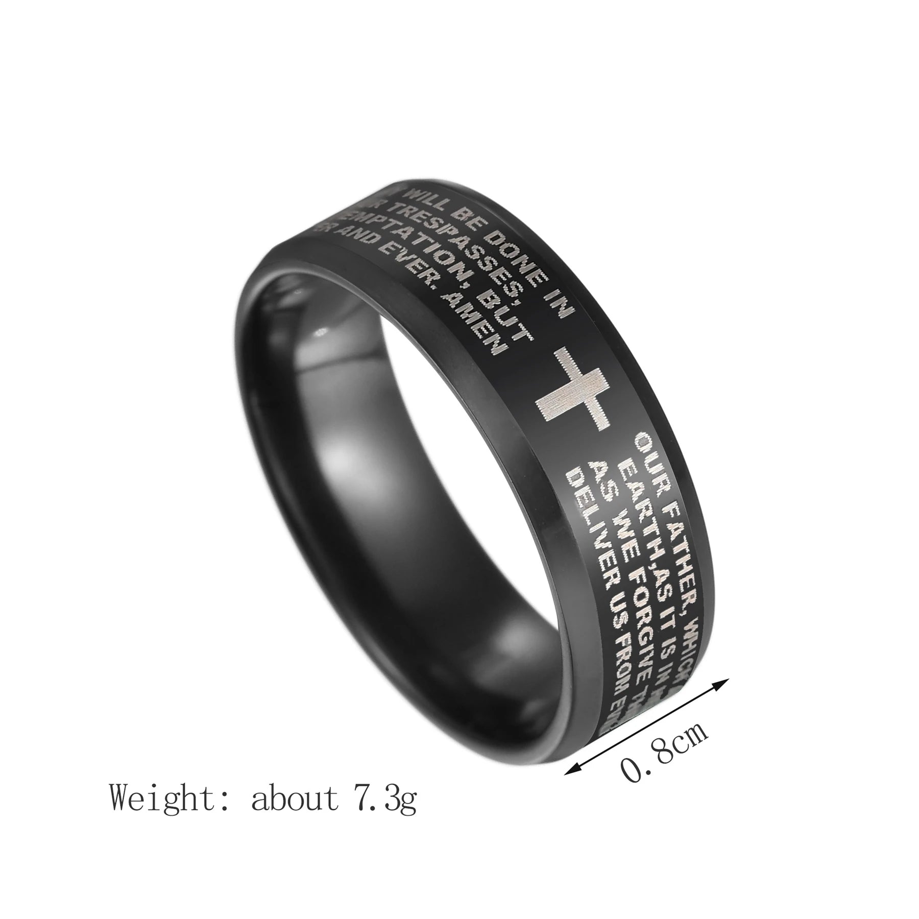 Utag men's black stainless steel prayer cross ring with Jesus design, 8mm width, crafted by Showlu Fashion Store
