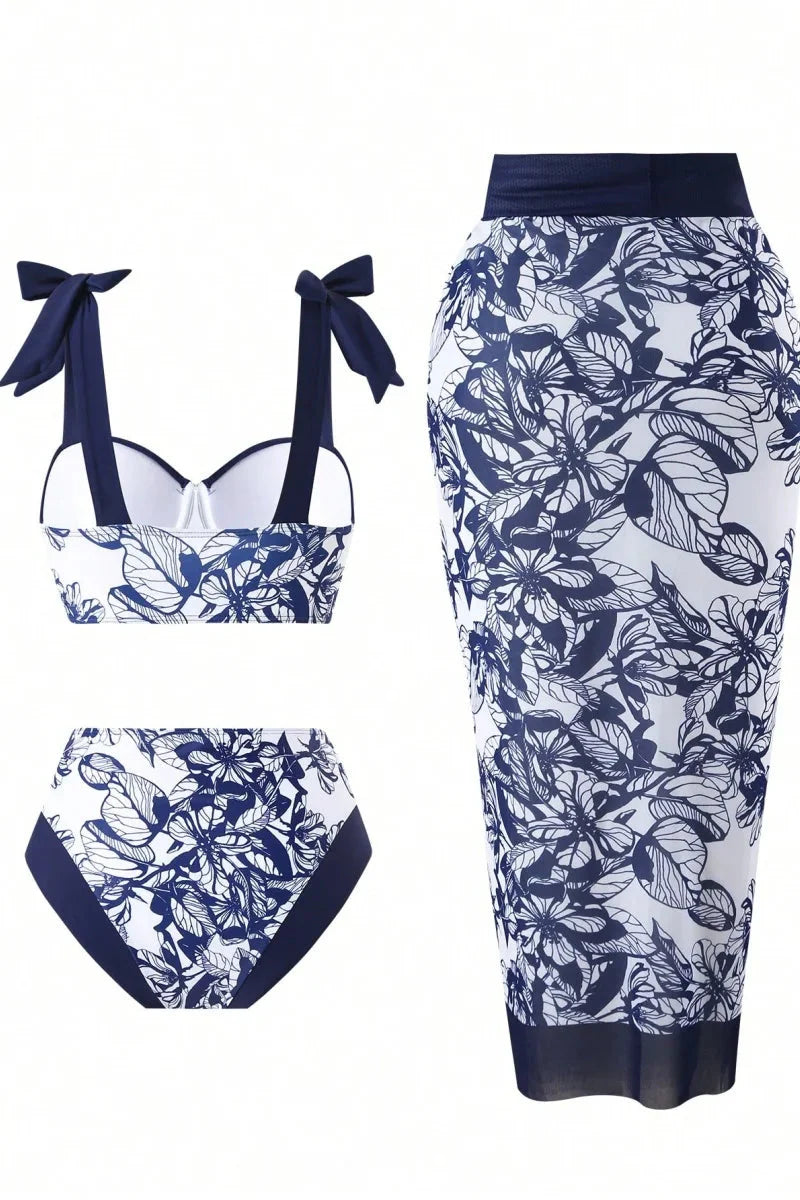 Plus size floral bikini set with high waist and matching cover-up for women, featuring colorful floral patterns and comfortable fit.