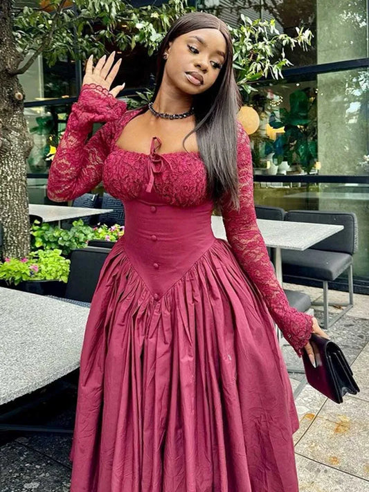 Female Long French Dress Hollow Out Lace Long Sleeve High Waist Busty Dress Style Women Spring Square Collar Vintage Dress