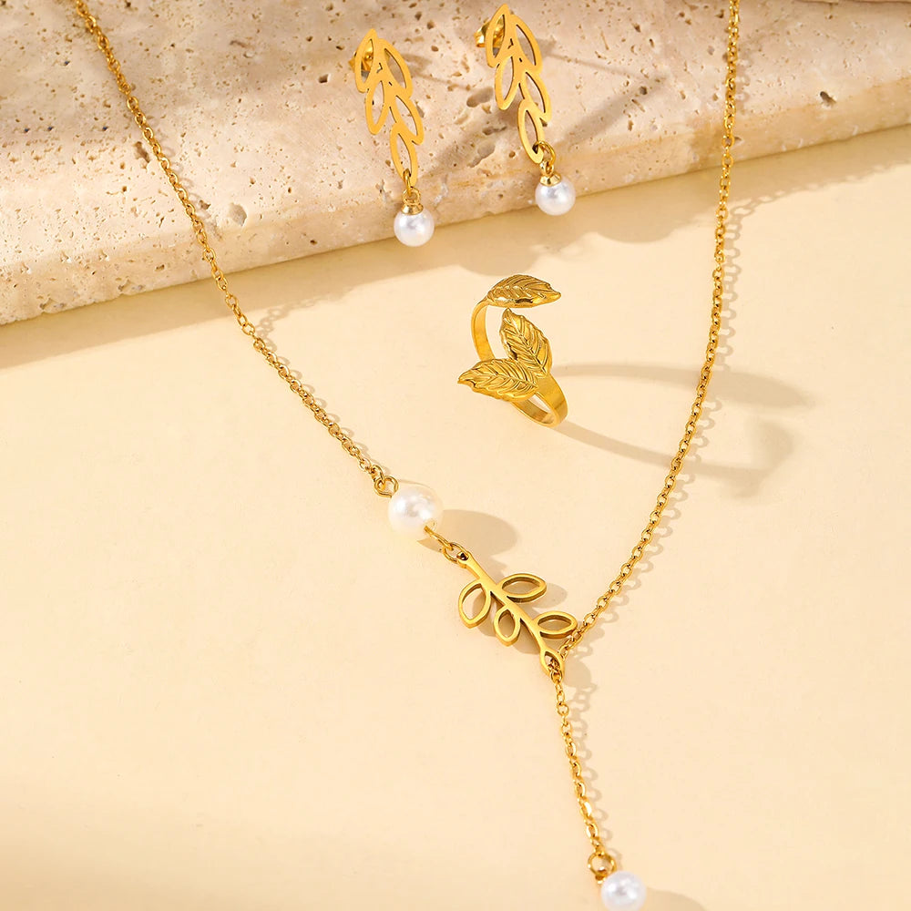 Stainless steel jewelry set with leaf and pearl earrings, pearl necklace, and adjustable leaf ring for women, new style by Showlu Fashion