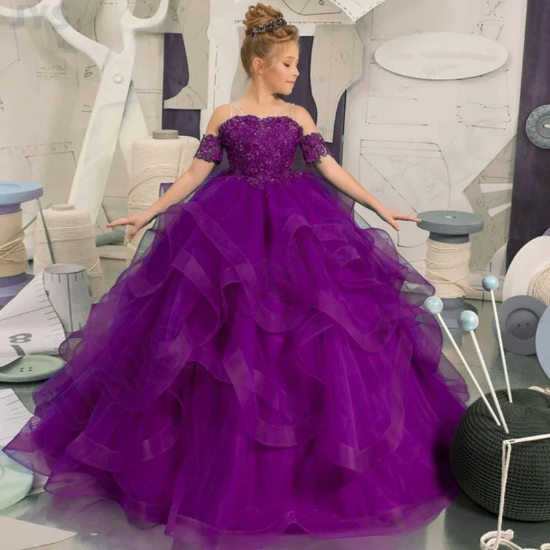 Gdybao flower girl dress by Showlu Fashion Store, off-shoulder tulle ball gown for kids with floral appliques and elegant design.