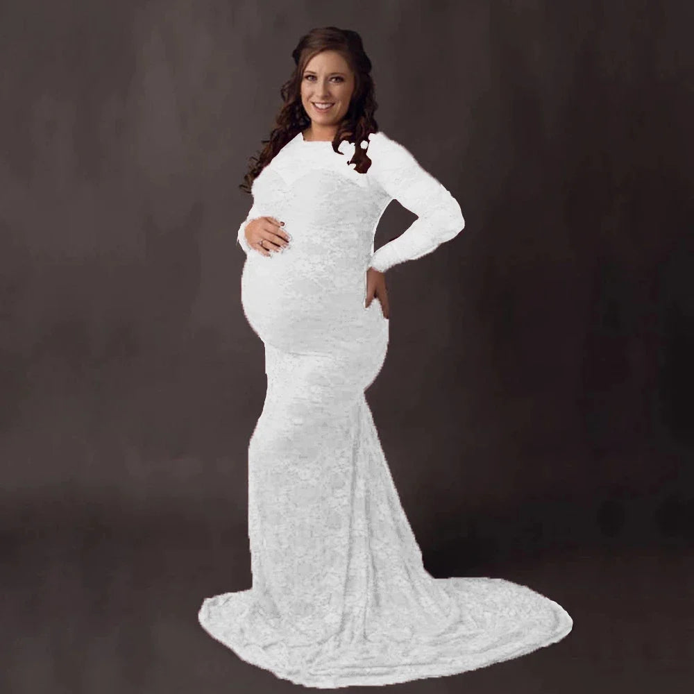 Showlu Lace Maternity Photography Dress with boat neck and long train, elegant gown for maternity photoshoots.