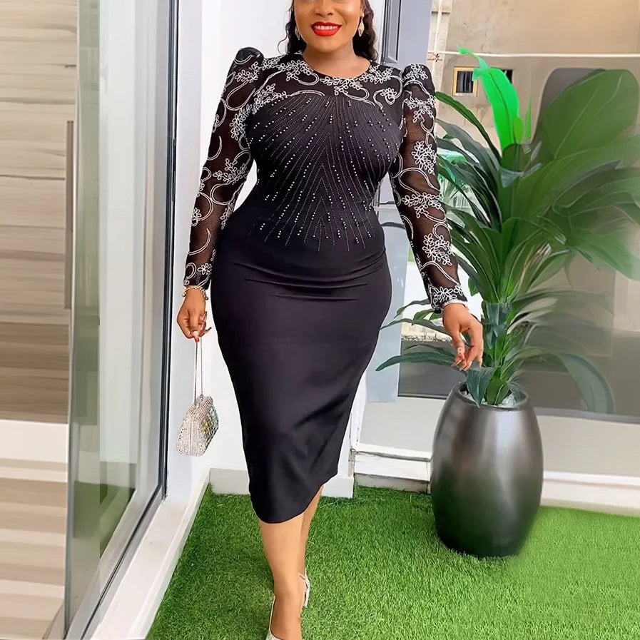 Elegant Bodycon Dresses for Women O Neck Full Sleeve Diamond Beaded Sheath Package Hips Mid Calf Professional Work Dress Midi OL