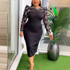 Elegant Bodycon Dresses for Women O Neck Full Sleeve Diamond Beaded Sheath Package Hips Mid Calf Professional Work Dress Midi OL