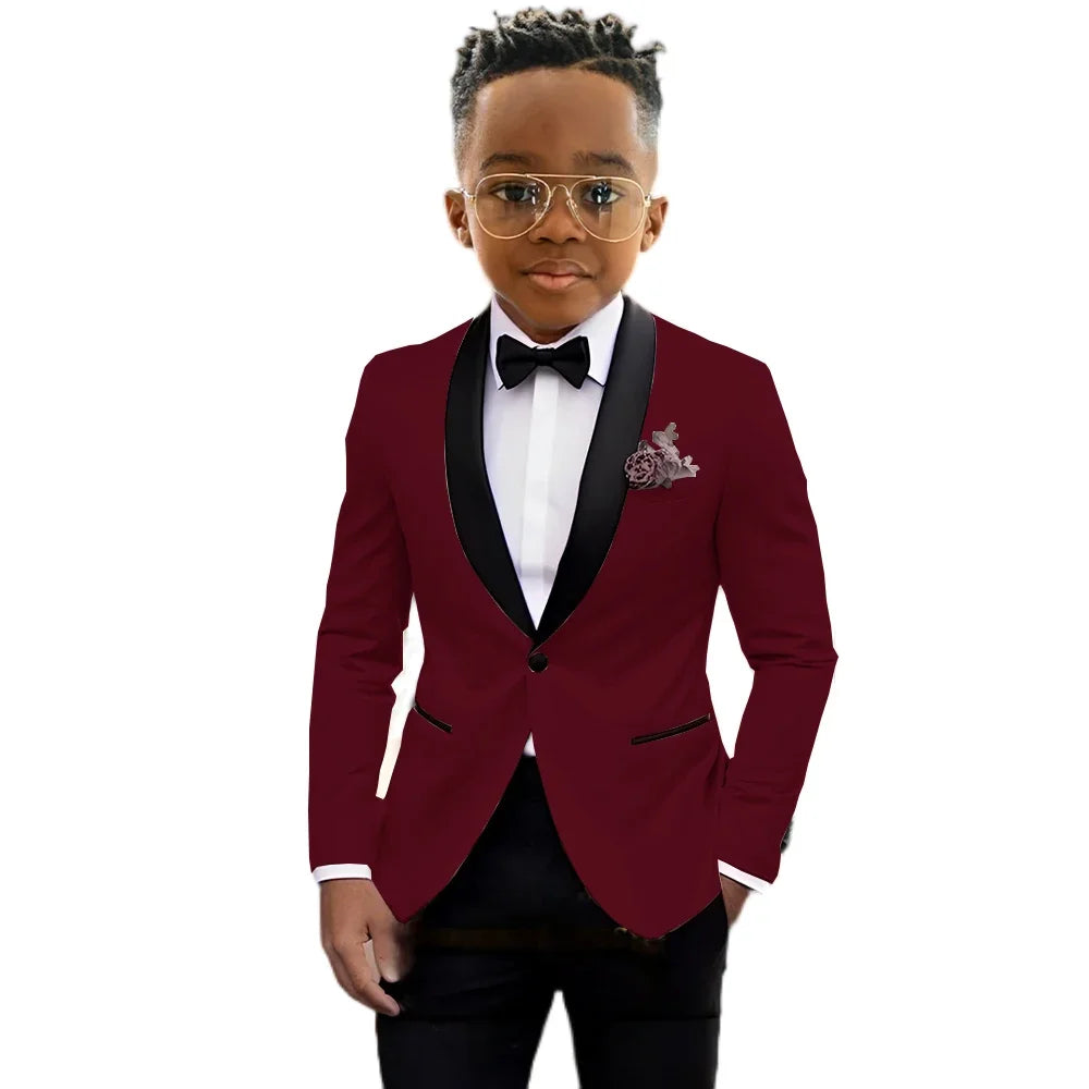 Boy's blazer and pant suit set by Showlu Fashion, formal tuxedo-style outfit for children ages 2-16, suitable for weddings and stage performances