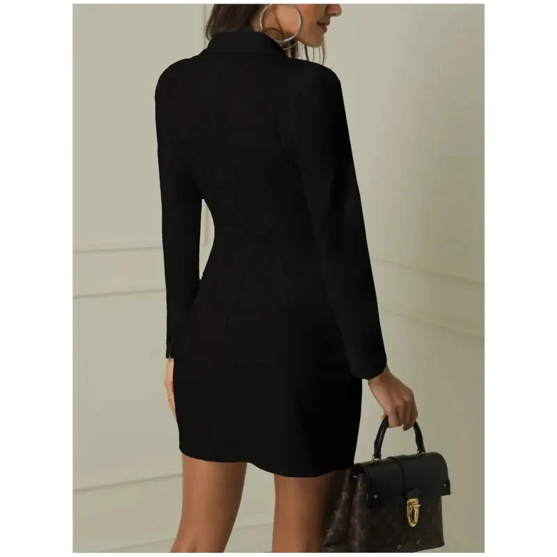 SHOWLU Women's slim fit mini suit dress with long sleeves and button-up cardigan, stylish and form-fitting for professional or casual wear.