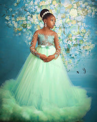 Elegant Green Pageant Dresses Customized Bead Long Sleeves Children Birthday Gowns Puffy Tiered Ruffles Girls Photoshoot Dresses