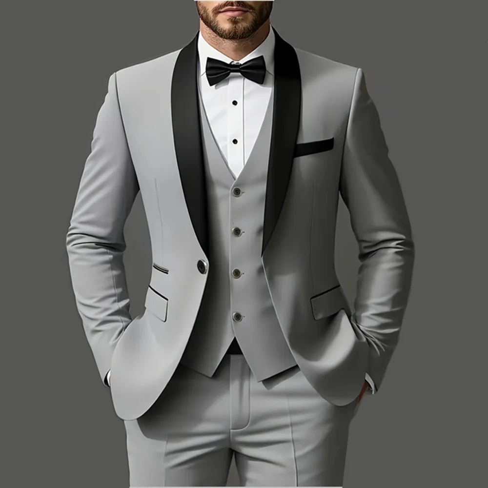 Men's 3-piece suit set with jacket, vest, and pants, stylish high-quality formal wear for weddings, parties, and special occasions