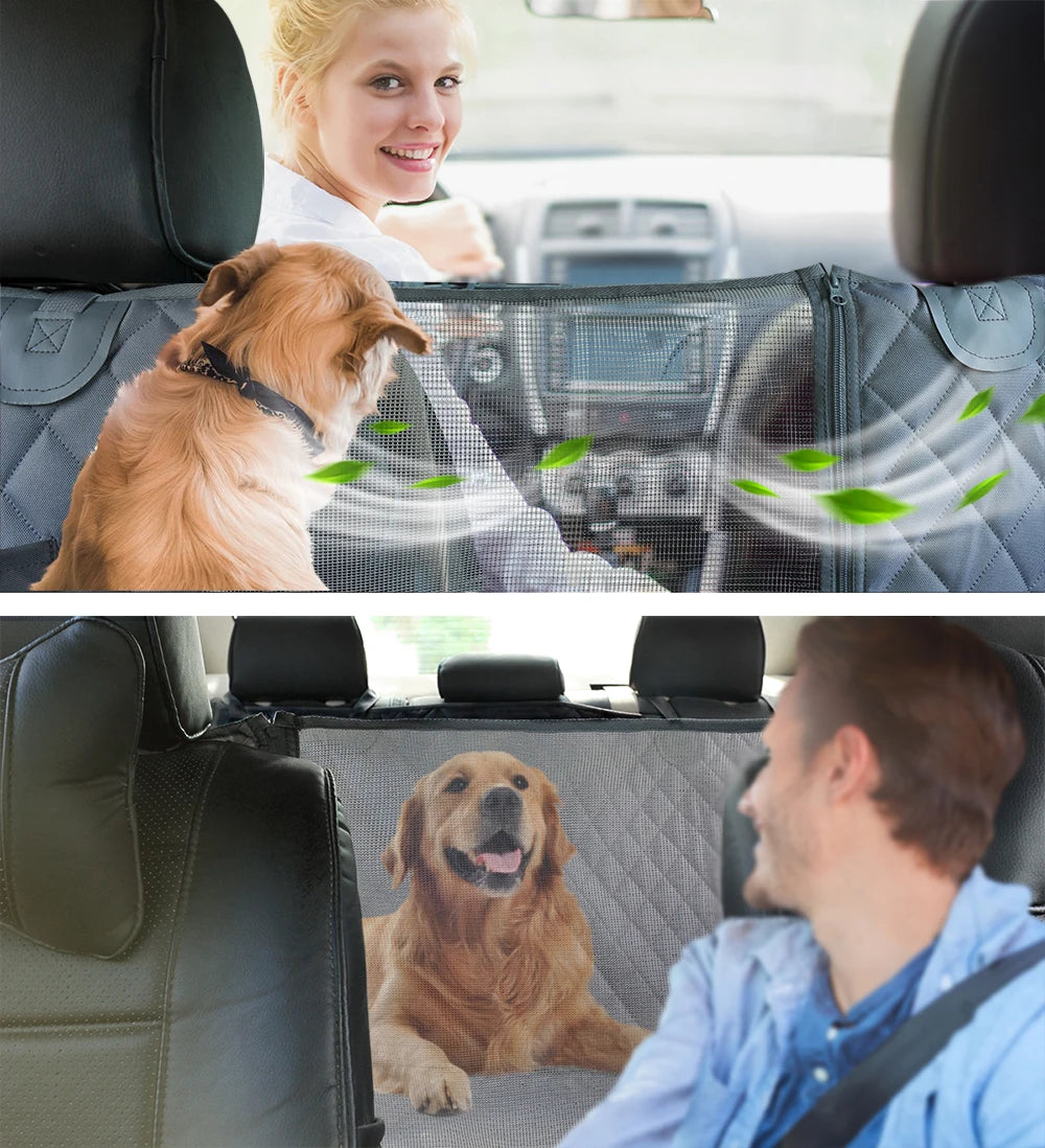 Waterproof dog car seat cover hammock with safety belt, ideal for large SUVs and trucks, protecting rear back seats from pet messes.