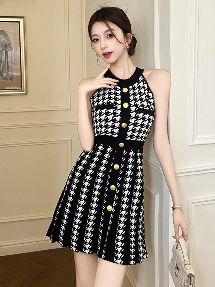 Women’s retro houndstooth knit mini dress with gold buttons, halter neckline, slim A-line fit, perfect for summer parties or casual wear.