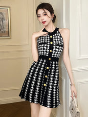 Women Retro Houndstooth Knit Mini Dress Summer Elegant Sexy Halter Gold Button Slim A-line Short Dresses Date Party Casual Daily