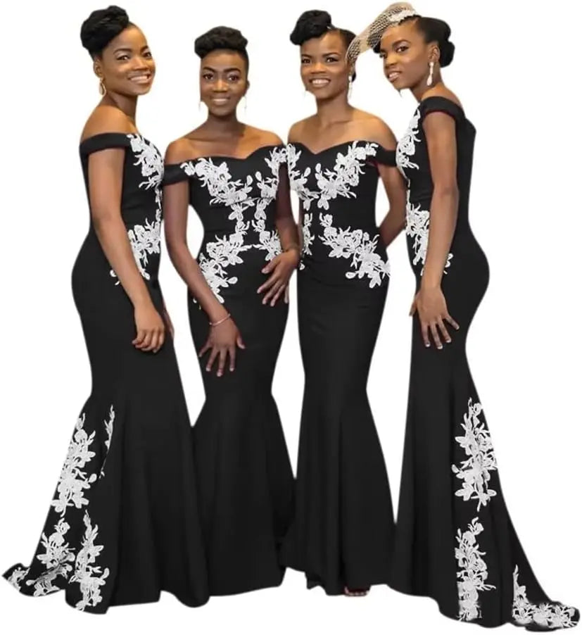 Burgundy JC&STAR satin off-the-shoulder mermaid bridesmaid dress with fitted silhouette and elegant design.