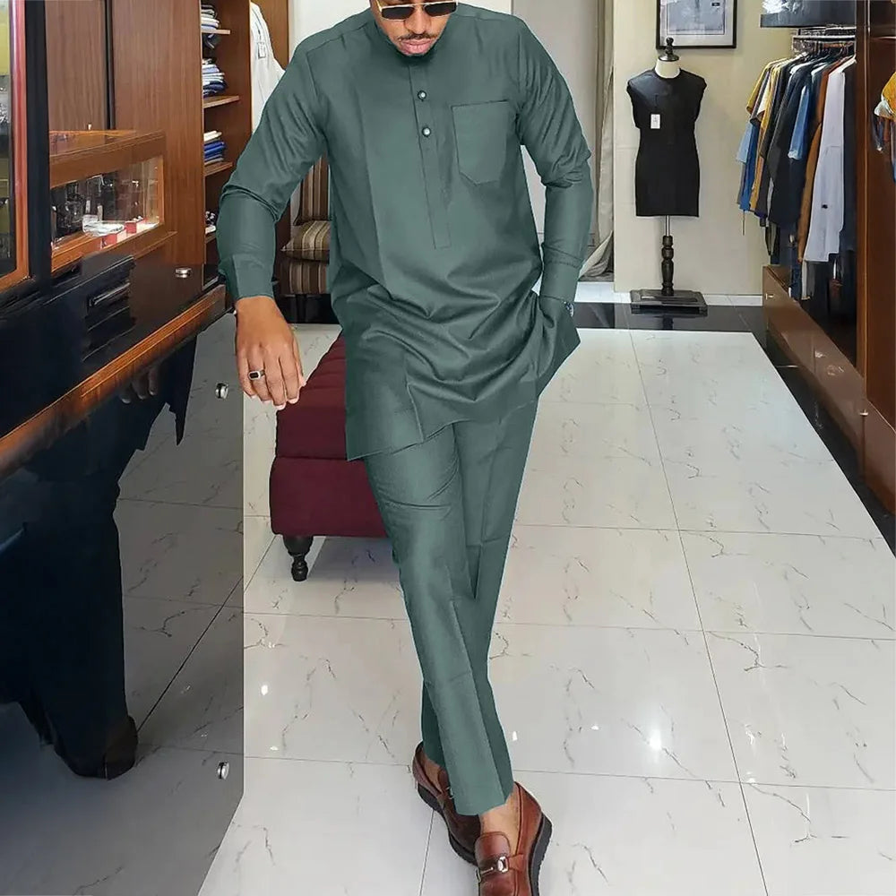 New In African Summer Business Men's Short Sleeve Suit Embroidery Dashiki Shirt Pants Sets 2 Pieces Outfits Wedding Party 2025