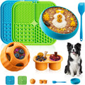 Dog enrichment toys including lick mat, puzzle ball, and bowl for peanut butter treats, designed for anxiety relief and boredom reduction.