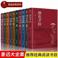A collection of ten hardcover books by Lu Xun featuring colorful spines and Chinese titles.