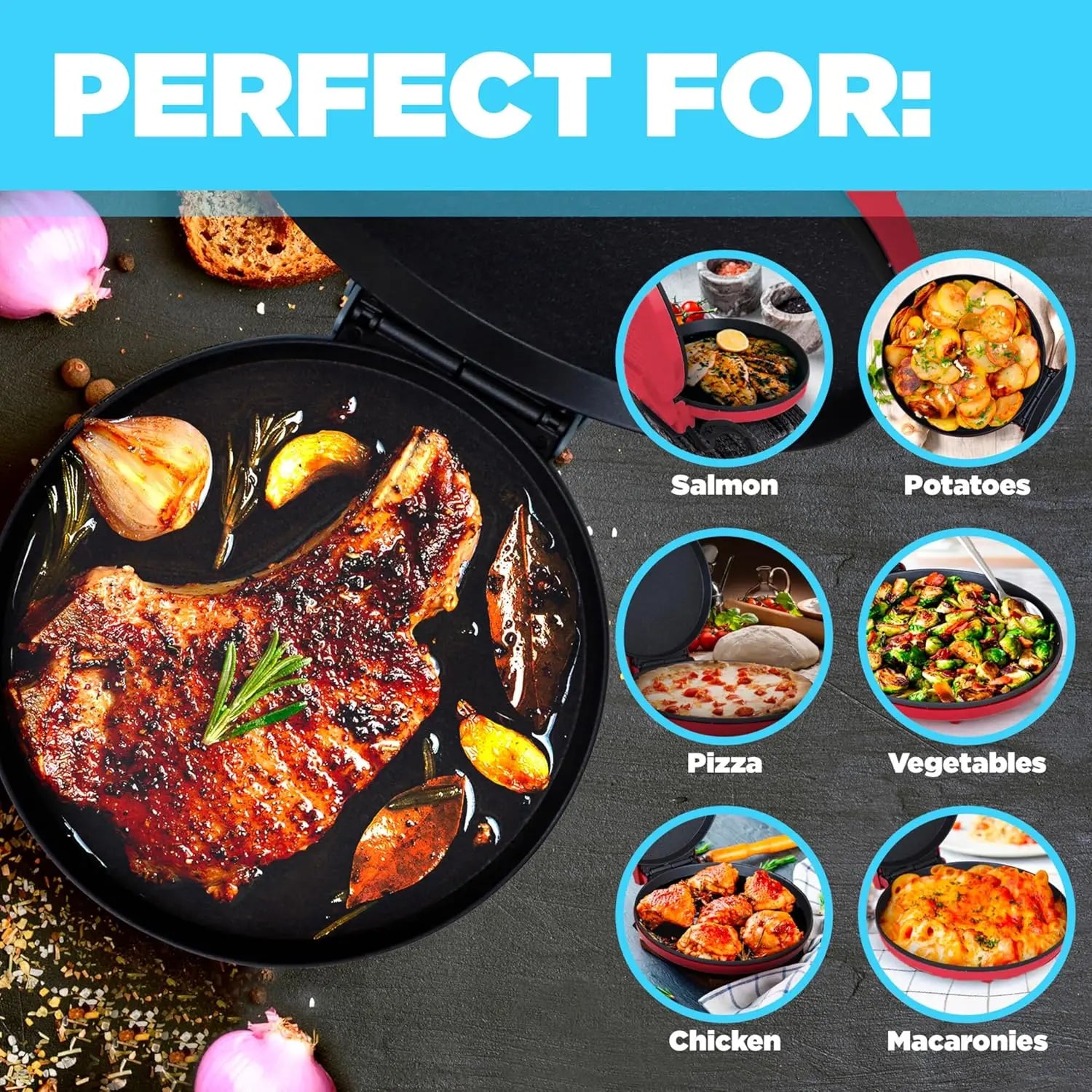 Showlu Smart General electric crepe and pizza maker with non-stick surface and 850W power for quick, easy cooking.