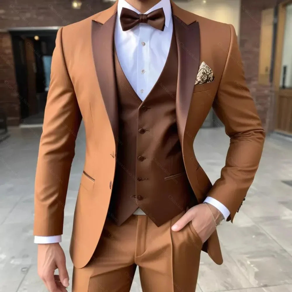 Men's slim fit wedding suit with peak lapel, three-piece tuxedo, shown in a formal front view, by SHOWLU FASHION STORE