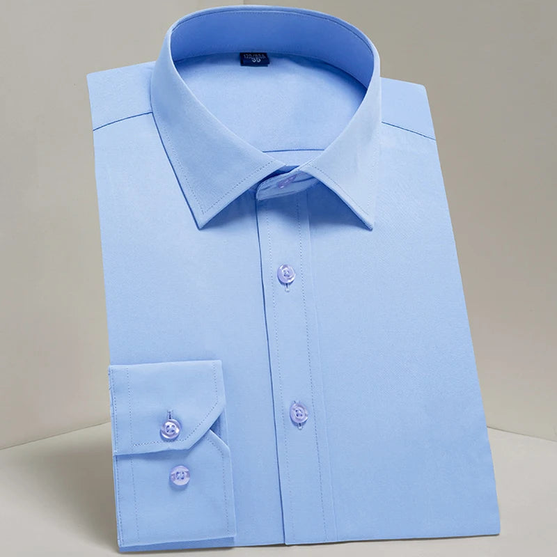 Men's classic contrast stitching dress shirt with front placket, long sleeves, standard fit, suitable for business or office wear.
