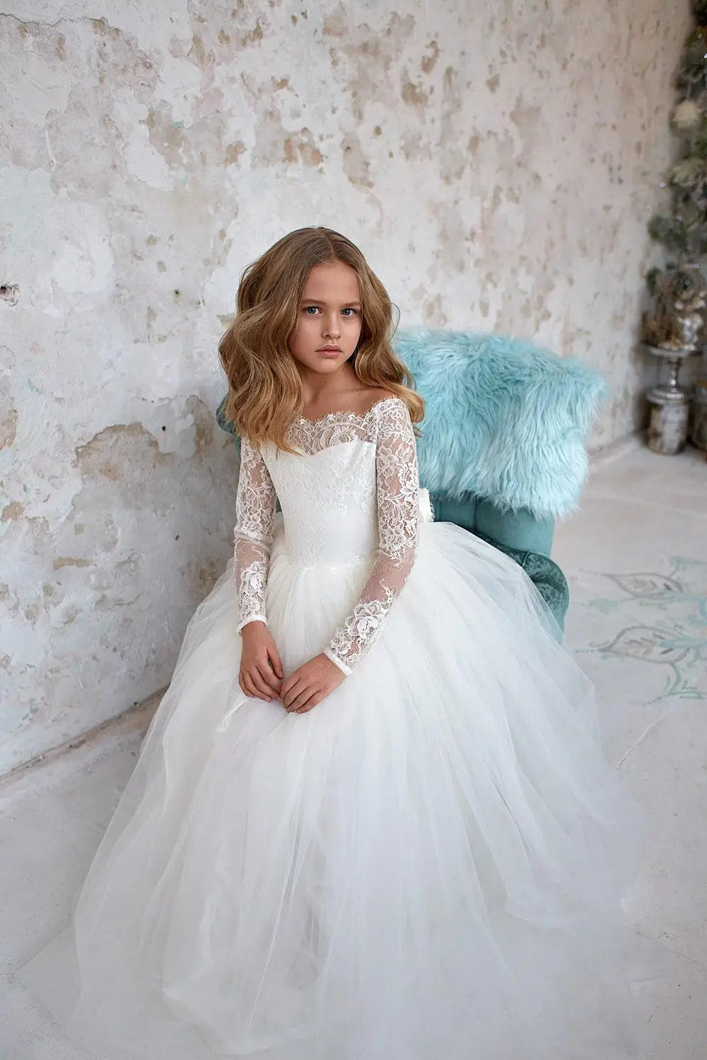 Ivory lace tulle ball gown for girls, Lifetime Not Regret Flower Girl Dress by Showlu Fashion Store, features elegant floral details.