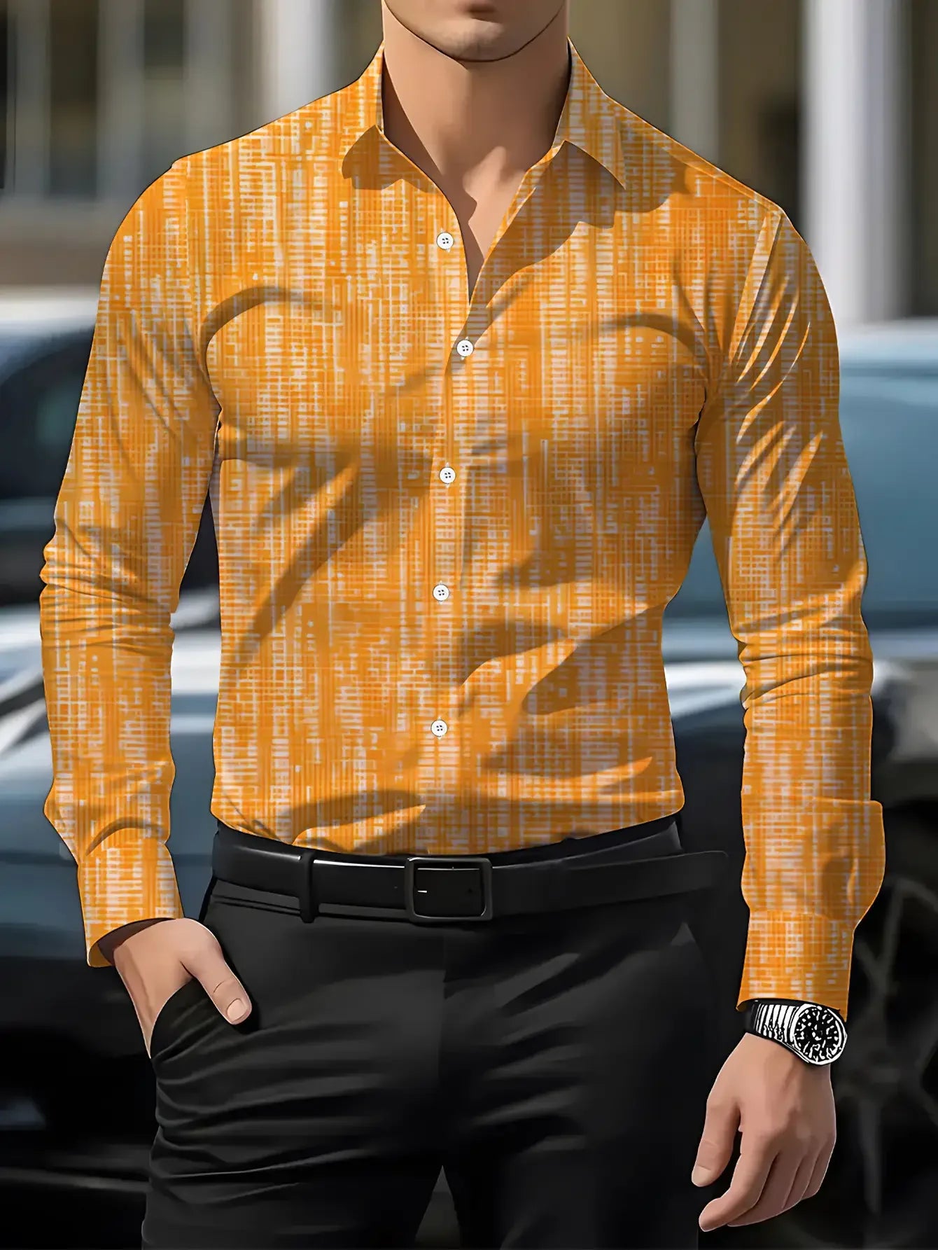 Showlu men's vertical striped long sleeve casual shirt with polyester print, featuring a stylish and comfortable design for everyday wear.
