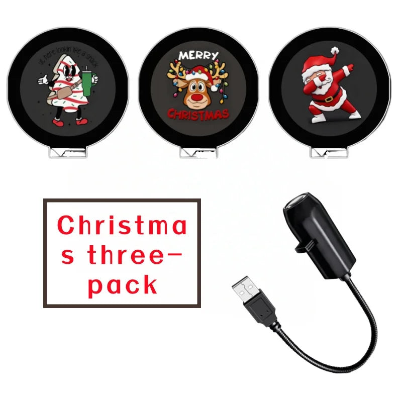 USB projector lamp featuring Christmas elk and Santa Claus patterns, ideal for room ceiling or window holiday decor with switchable LED lighting.