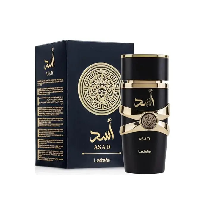 Lattafa Asad Pheromone Perfume for Men and Women, Arabian fragrance bottle, 100ml, with elegant design and clear label.