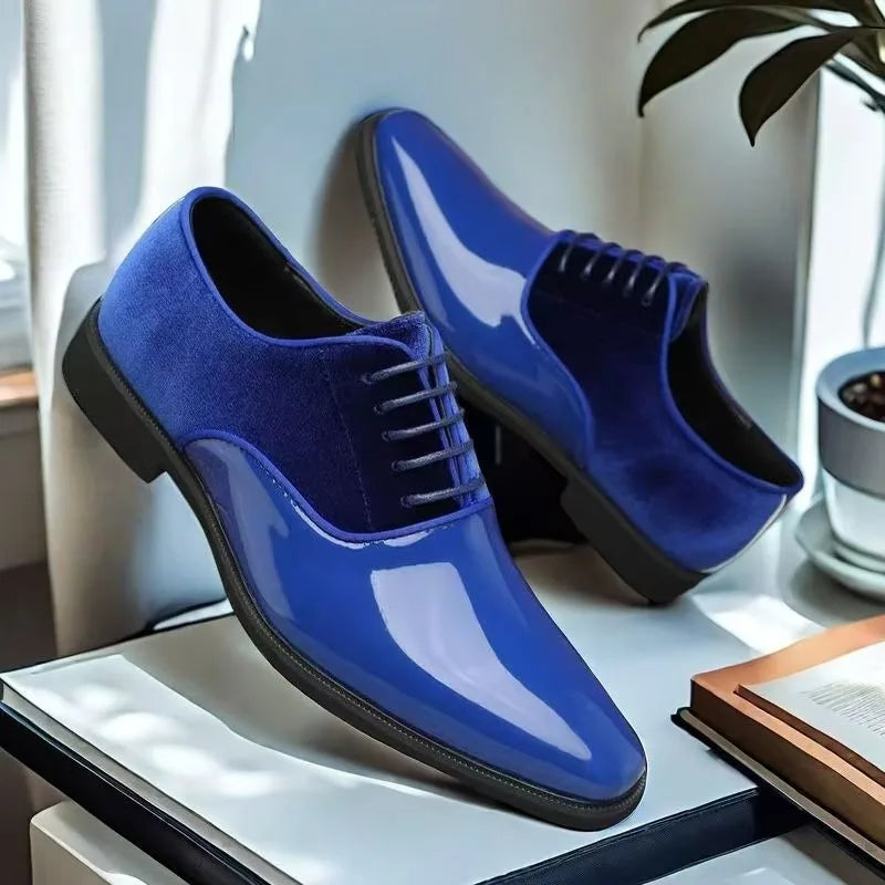 Showlu Fashion men's oxford shoes in yellow, blue, red, and black patent leather, suitable for formal, casual, or wedding wear.