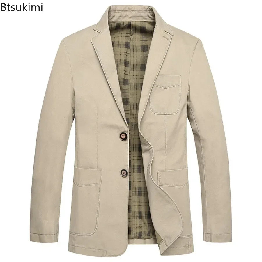 Men's solid black cotton blazer jacket, slim fit, fashion streetwear style, suitable for business casual or trendy outings.