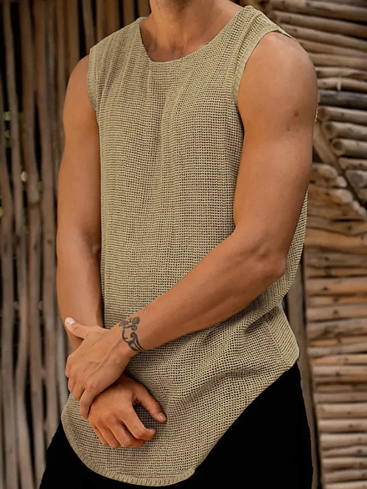 Men Sexy Hollow Out Solid Sweater Tops Spring Summer O Neck Knit Sleeveless Casual Male Polo Shirts 2024 New Slim Streetwear Top