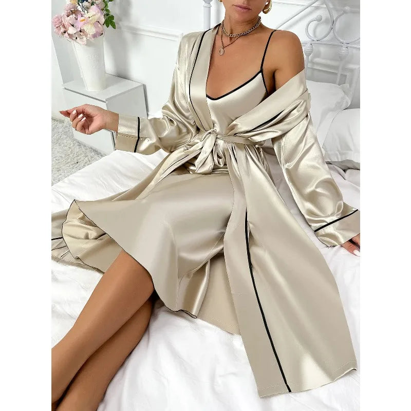 Women's sexy fashion 2-piece pajama set with V-neck slip dress and long robe, soft sleepwear from Showlu Fashion Store.